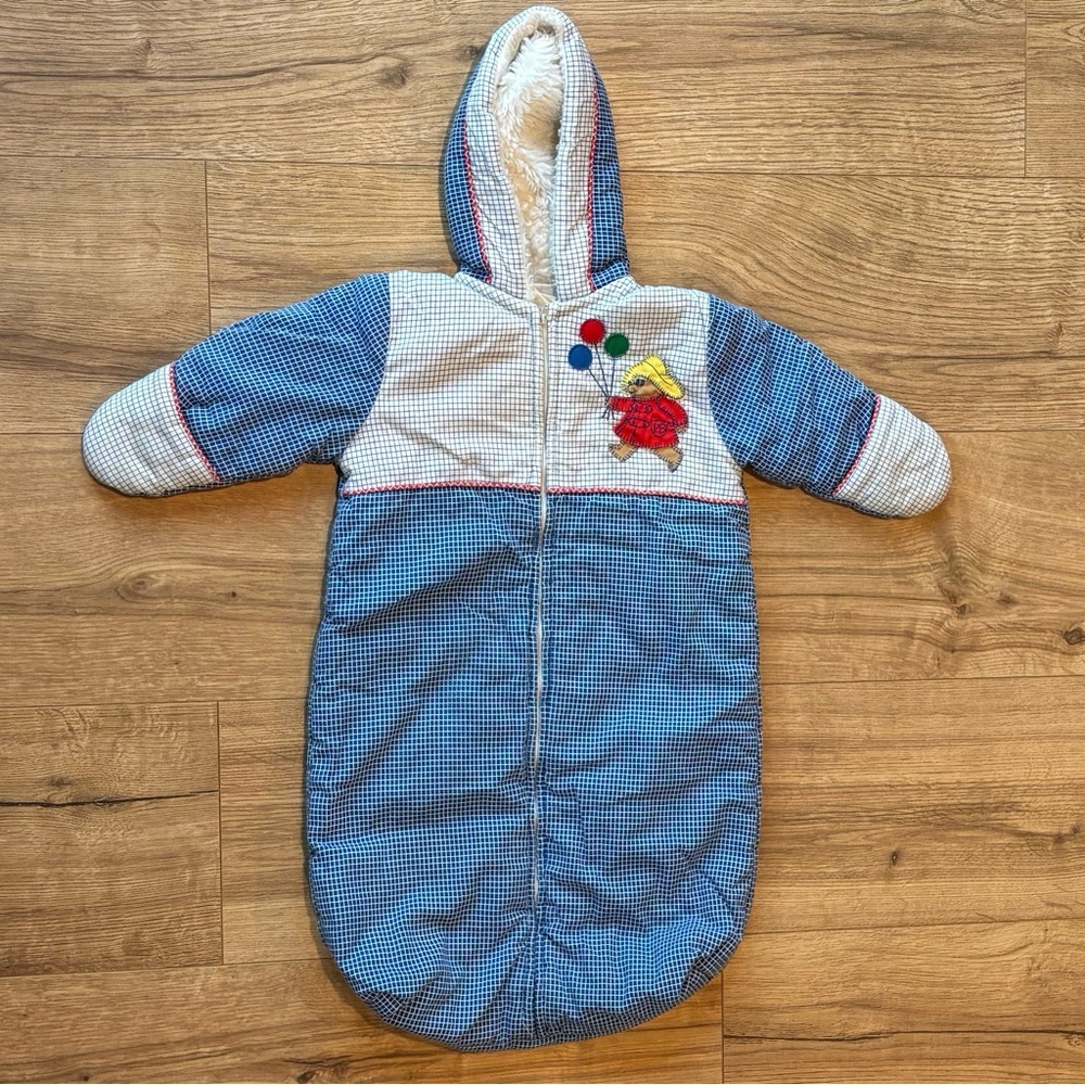 Vintage Paddington Bear Quiltex Blue & White Hooded Baby Bunting Applique Bear